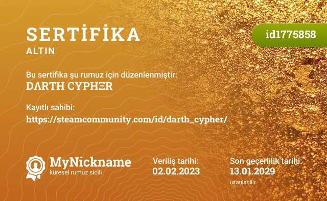 DΛRTH CYPHΞR rumuzu için sertifika, kayıtlı sahibi: https://steamcommunity.com/id/darth_cypher/