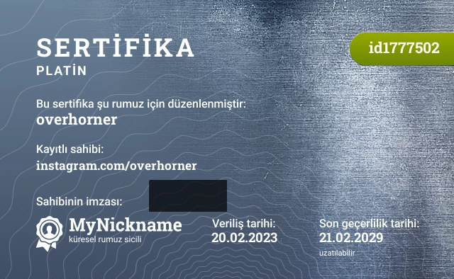 overhorner rumuzu için sertifika, kayıtlı sahibi: instagram.com/overhorner