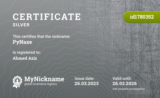 Certificate for nickname PyNaxe, registered to: Ahmet Aziz