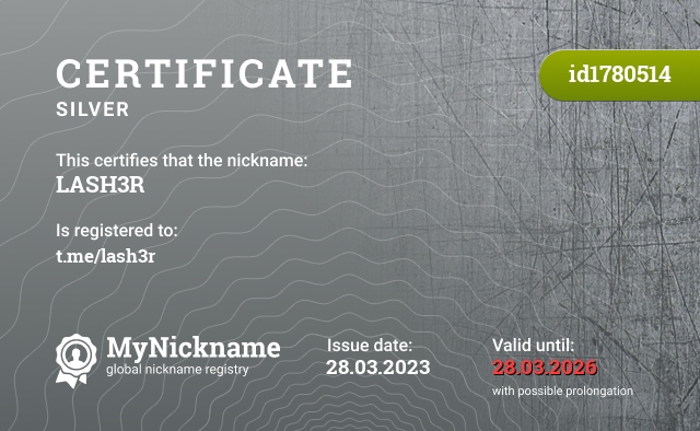 Certificate for nickname LASH3R, registered to: t.me/lash3r