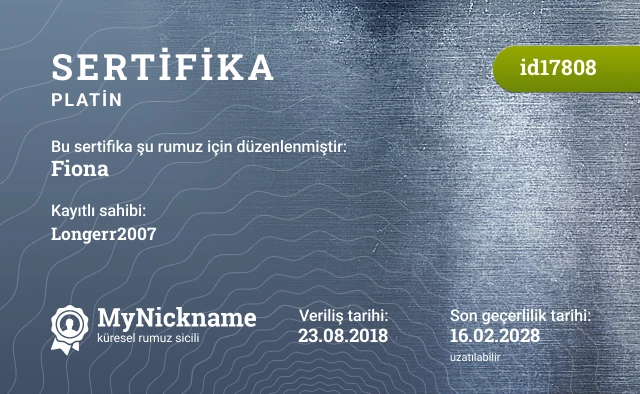 Fiona rumuzu için sertifika, kayıtlı sahibi: Longerr2007