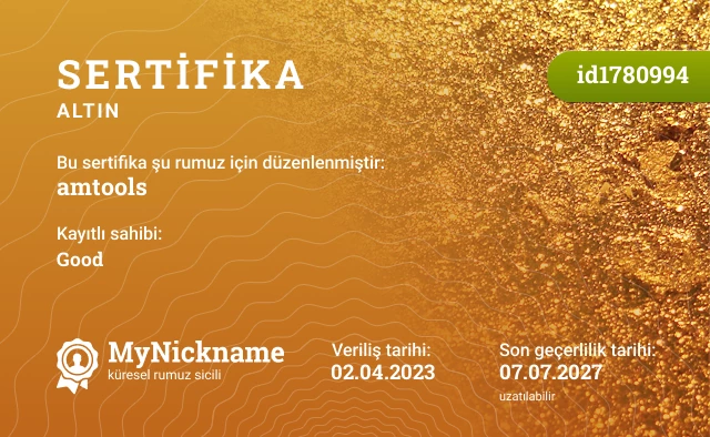 amtools rumuzu için sertifika, kayıtlı sahibi: Good