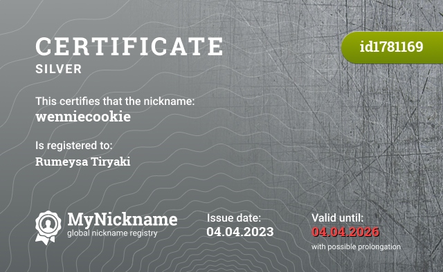 Certificate for nickname wenniecookie, registered to: Rümeysa Tiryaki