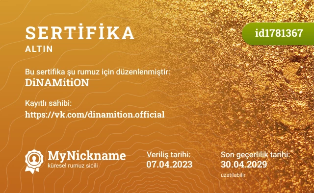 DiNAMitiON rumuzu için sertifika, kayıtlı sahibi: https://vk.com/dinamition.official