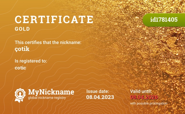 Certificate for nickname çotik, registered to: cotik