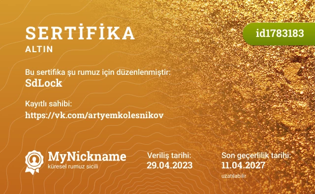 SdLock rumuzu için sertifika, kayıtlı sahibi: https://vk.com/artyemkolesnikov