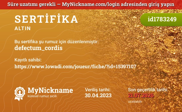 defectum_cordis rumuzu için sertifika, kayıtlı sahibi: https://www.lowadi.com/joueur/fiche/?id=15397107