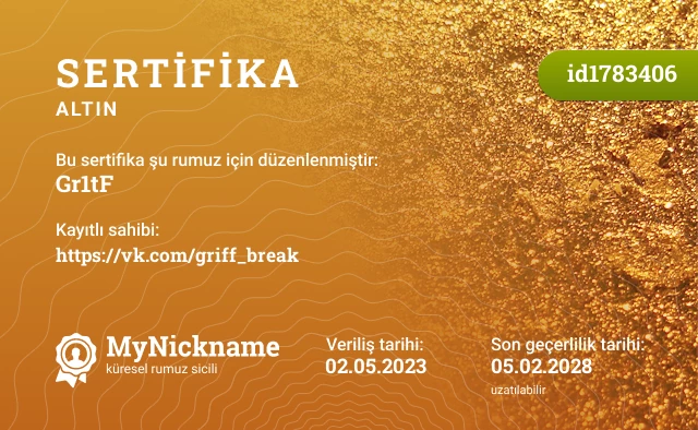 Gr1tF rumuzu için sertifika, kayıtlı sahibi: https://vk.com/griff_break