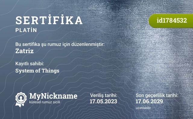 Zatriz rumuzu için sertifika, kayıtlı sahibi: System of Things