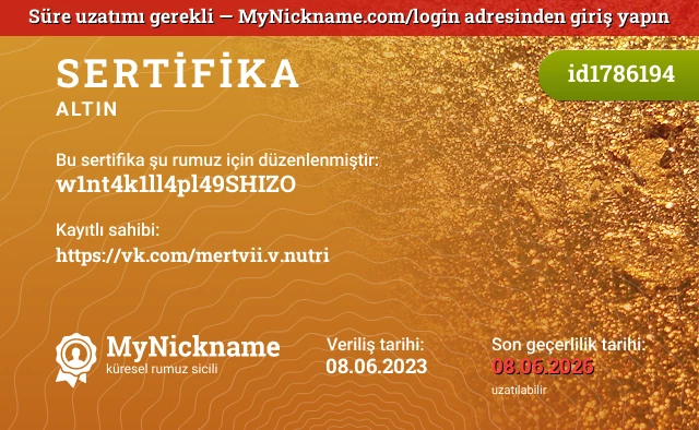 w1nt4k1ll4pl49SHIZO rumuzu için sertifika, kayıtlı sahibi: https://vk.com/mertvii.v.nutri