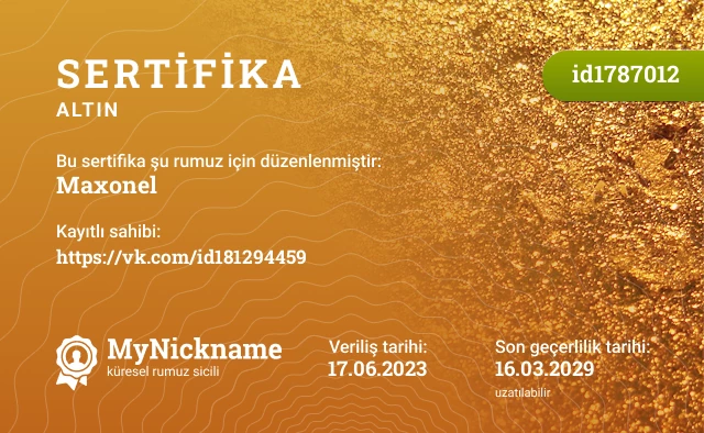 Maxonel rumuzu için sertifika, kayıtlı sahibi: https://vk.com/id181294459