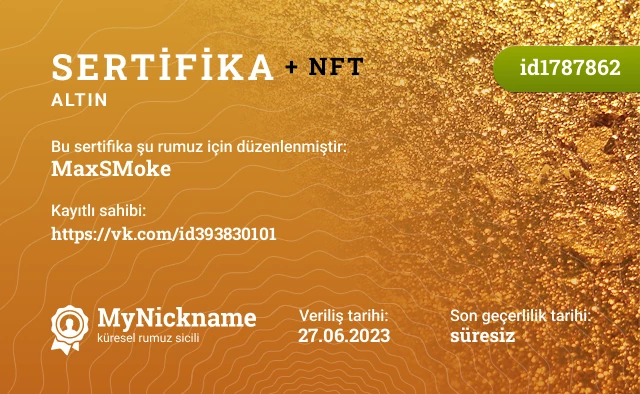 MaxSMoke rumuzu için sertifika, kayıtlı sahibi: https://vk.com/id393830101