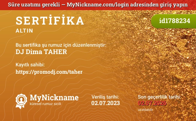 DJ Dima TAHER rumuzu için sertifika, kayıtlı sahibi: https://promodj.com/taher