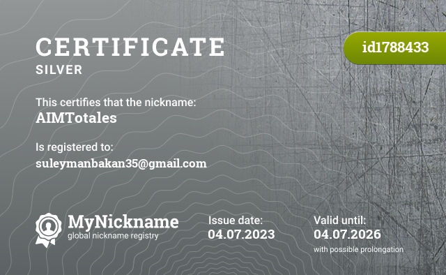 Certificate for nickname AIMTotales, registered to: suleymanbakan35@gmail.com