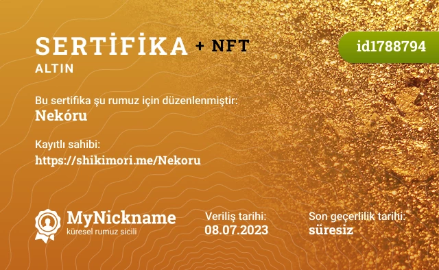 Nekóru rumuzu için sertifika, kayıtlı sahibi: https://shikimori.me/Nekoru
