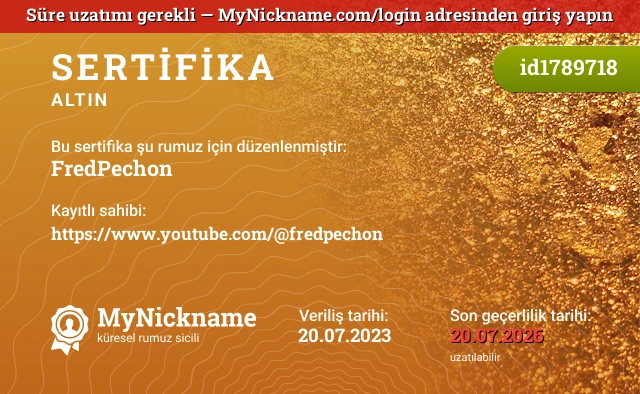 FredPechon rumuzu için sertifika, kayıtlı sahibi: https://www.youtube.com/@fredpechon