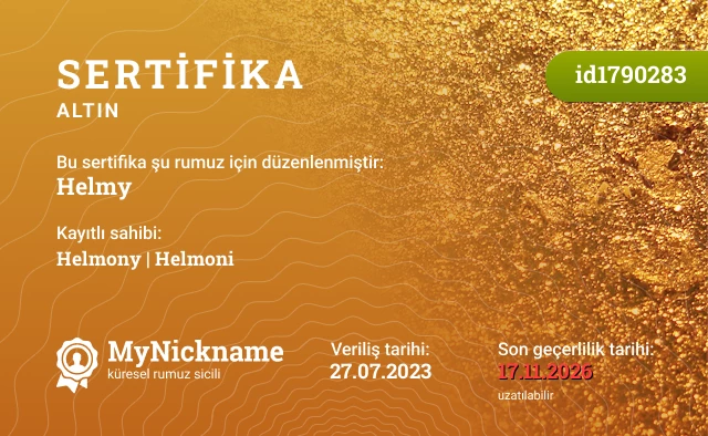Helmy rumuzu için sertifika, kayıtlı sahibi: Helmony | Helmoni