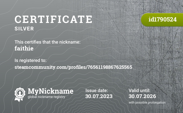 Certificate for nickname faithie, registered to: steamcommunity.com/profiles/76561198867625565