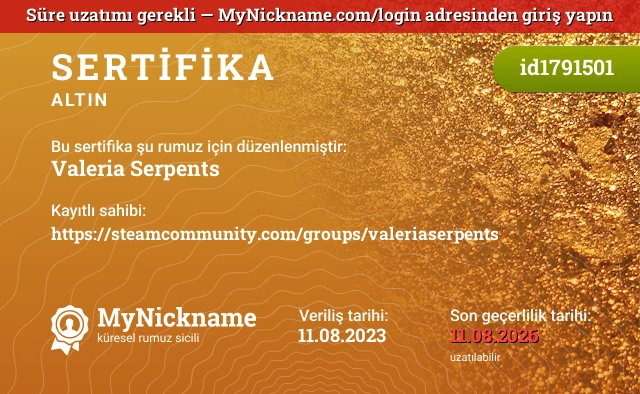 Valeria Serpents rumuzu için sertifika, kayıtlı sahibi: https://steamcommunity.com/groups/valeriaserpents