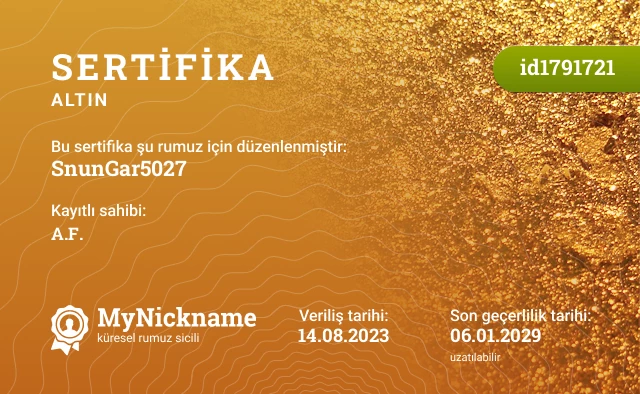 SnunGar5027 rumuzu için sertifika, kayıtlı sahibi: A.F.