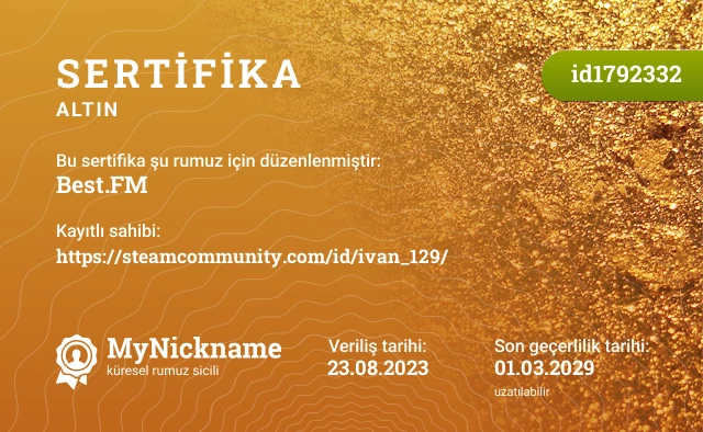 Best.FM rumuzu için sertifika, kayıtlı sahibi: https://steamcommunity.com/id/ivan_129/