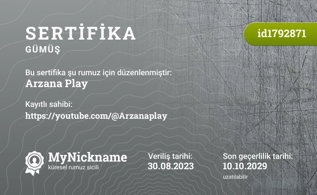 Arzana Play rumuzu için sertifika, kayıtlı sahibi: https://youtube.com/@Arzanaplay