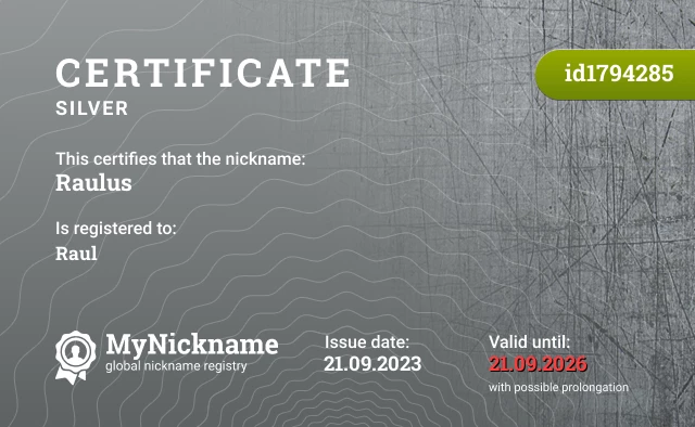 Certificate for nickname Raulus is registered to: Raul