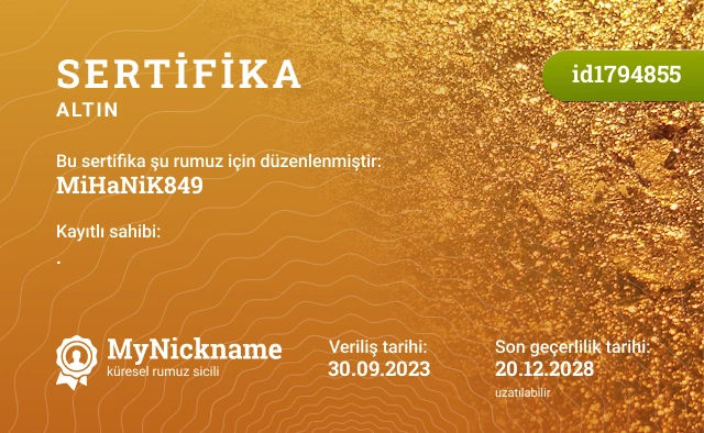 MiHaNiK849 rumuzu için sertifika, kayıtlı sahibi: .