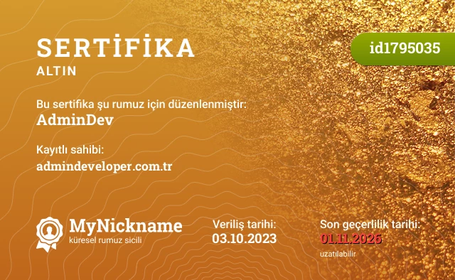 AdminDev rumuzu için sertifika, kayıtlı sahibi: admindeveloper.com.tr