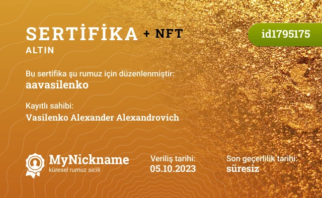 aavasilenko rumuzu için sertifika, kayıtlı sahibi: Vasilenko Alexander Alexandrovich