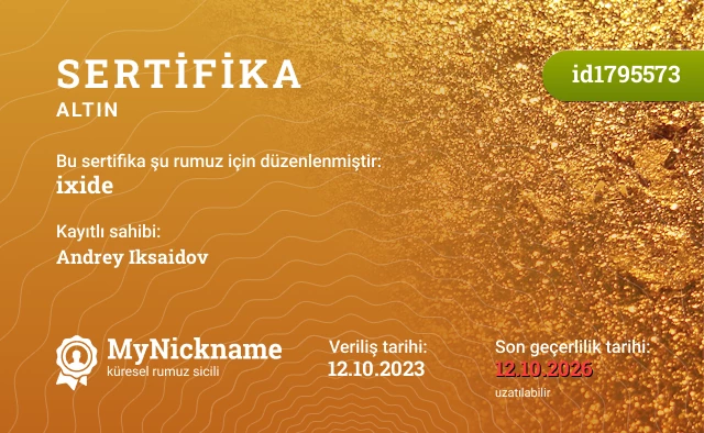 ixide rumuzu için sertifika, kayıtlı sahibi: Andrey Iksaidov