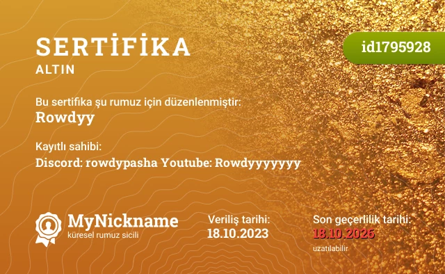 Rowdyy rumuzu için sertifika, kayıtlı sahibi: Discord: rowdypasha Youtube: Rowdyyyyyyy