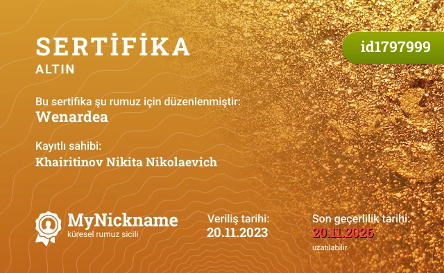 Wenardea rumuzu için sertifika, kayıtlı sahibi: Khairitinov Nikita Nikolaevich