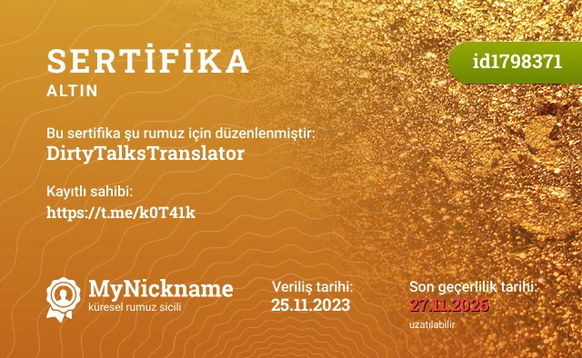 DirtyTalksTranslator rumuzu için sertifika, kayıtlı sahibi: https://t.me/k0T41k