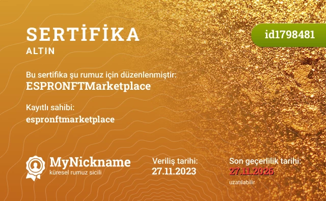 ESPRONFTMarketplace rumuzu için sertifika, kayıtlı sahibi: espronftmarketplace