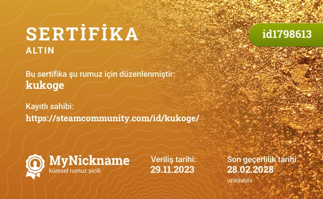kukoge rumuzu için sertifika, kayıtlı sahibi: https://steamcommunity.com/id/kukoge/