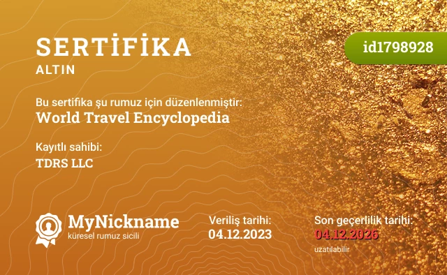 World Travel Encyclopedia rumuzu için sertifika, kayıtlı sahibi: TDRS LLC