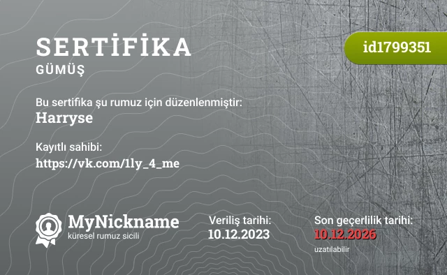 Harryse rumuzu için sertifika, kayıtlı sahibi: https://vk.com/1ly_4_me