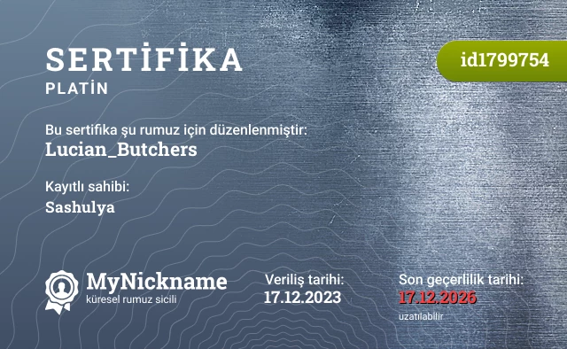 Lucian_Butchers rumuzu için sertifika, kayıtlı sahibi: Sashulya