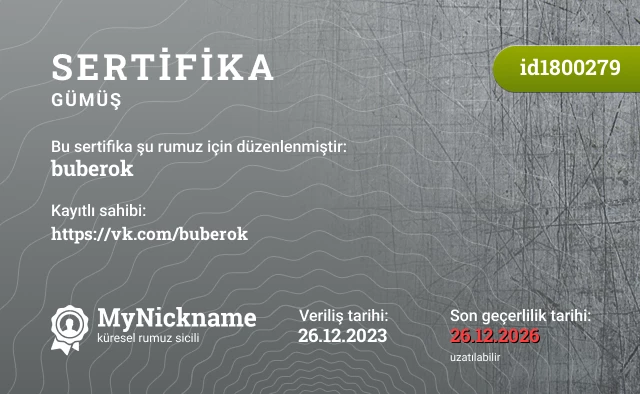 buberok rumuzu için sertifika, kayıtlı sahibi: https://vk.com/buberok