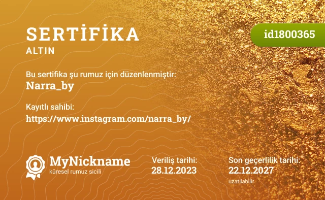 Narra_by rumuzu için sertifika, kayıtlı sahibi: https://www.instagram.com/narra_by/