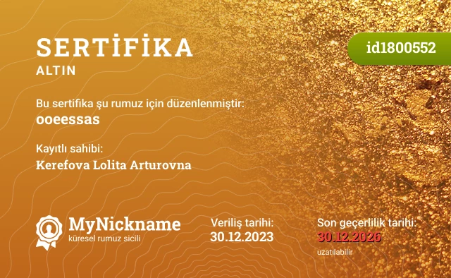 ooeessas rumuzu için sertifika, kayıtlı sahibi: Kerefova Lolita Arturovna