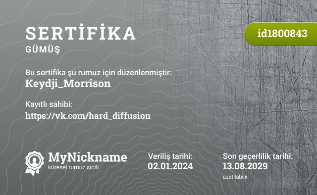 Keydji_Morrison rumuzu için sertifika, kayıtlı sahibi: https://vk.com/hard_diffusion