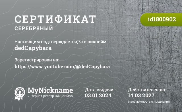 Сертификат на никнейм dedCapybara, зарегистрирован на https://www.youtube.com/@dedCapybara