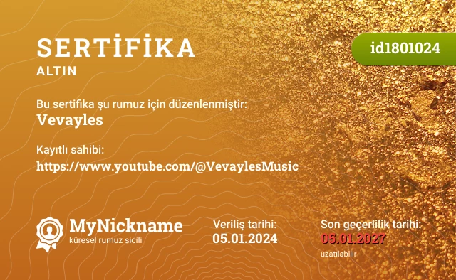 Vevayles rumuzu için sertifika, kayıtlı sahibi: https://www.youtube.com/@VevaylesMusic