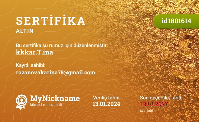 kkkar.T.ina rumuzu için sertifika, kayıtlı sahibi: rozanovakarina78@gmail.com