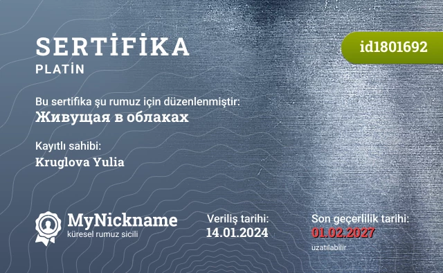 Живущая в облаках rumuzu için sertifika, kayıtlı sahibi: Kruglova Yulia