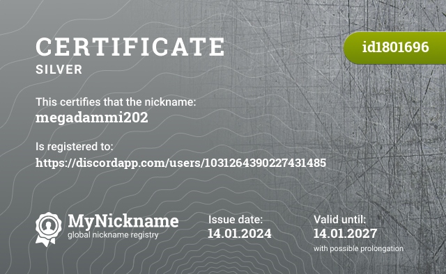 Certificate for nickname megadammi202, registered to: https://discordapp.com/users/1031264390227431485