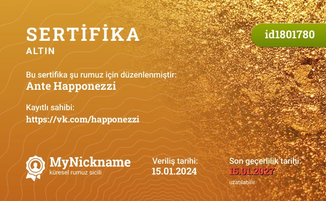 Ante Happonezzi rumuzu için sertifika, kayıtlı sahibi: https://vk.com/happonezzi
