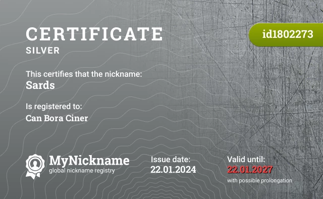 Certificate for nickname Sards is registered to: Can Bora Ciner